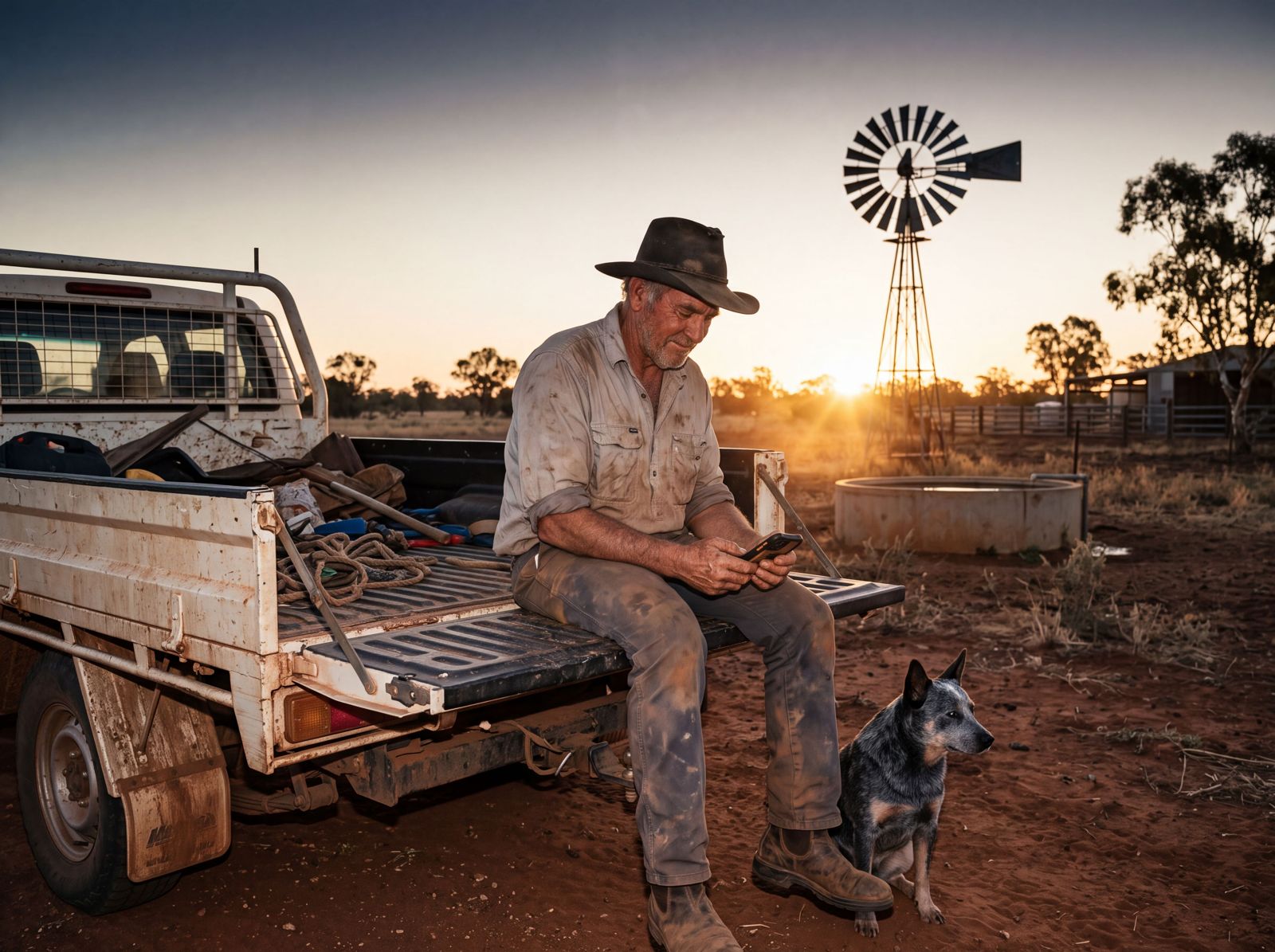 Farmer with his blue heeler on a ute tailgate at dusk