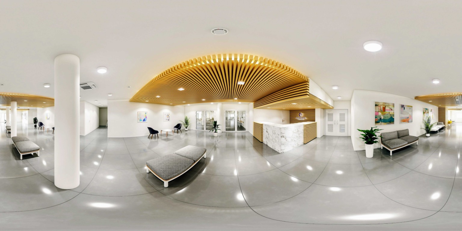 360-degree interior panorama of a completed walkthrough